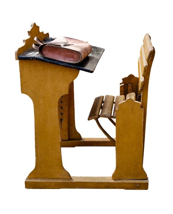 a wooden desk with a book on top of it, by Matthias Stom, folk art, chair, school class, view from the side”, épaule devant pose