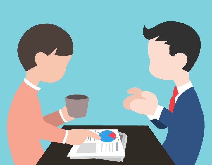 two men sitting at a table with a cup of coffee, a cartoon, shutterstock, conceptual art, analysis report, flat color, giving an interview, round