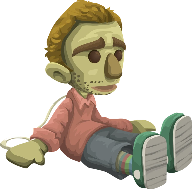 a cartoon zombie sitting on the ground, a digital rendering, inspired by Luigi Kasimir, puppet on a string, wikihow illustration