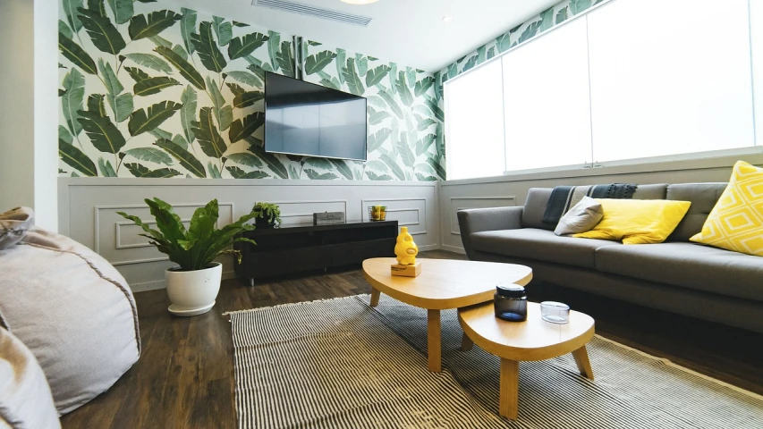 a living room filled with furniture and a flat screen tv, pexels, wallpaper on the walls, houseplants, fresh modern look, short focal