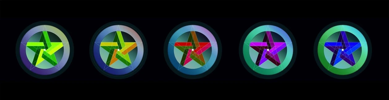 a set of four different colored stars on a black background, digital art, by Aleksander Kotsis, digital art, pentacle, triptych, new album cover, summoning circle