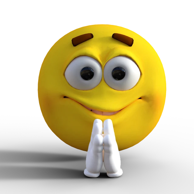 a yellow smiley face with two hands in front of it, by Heinz Anger, praying posture, cute 3 d render, look what you have done, in a medium full shot