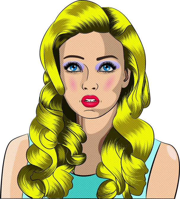 a woman with blonde hair and blue eyes, pop art, highly detailed character, appealing long hair, in style of pop - art, with a sad expression