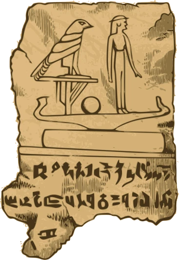 a drawing of a man standing next to a bird, egyptian art, by Joseph Henderson, figuration libre, stone runes on the front, old scroll, alien writing, rectangular
