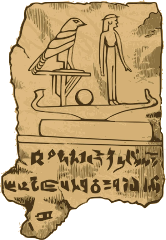 a drawing of a man standing next to a bird, egyptian art, by Joseph Henderson, figuration libre, stone runes on the front, old scroll, alien writing, rectangular
