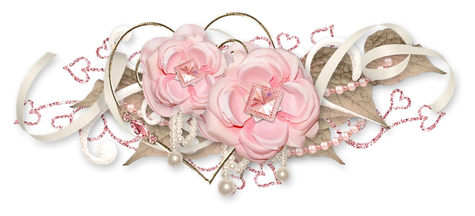 a bunch of pink flowers sitting on top of a table, a digital rendering, by Carol Sutton, romanticism, jewelry pearls, rose gold heart, headpiece headpiece headpiece, garters