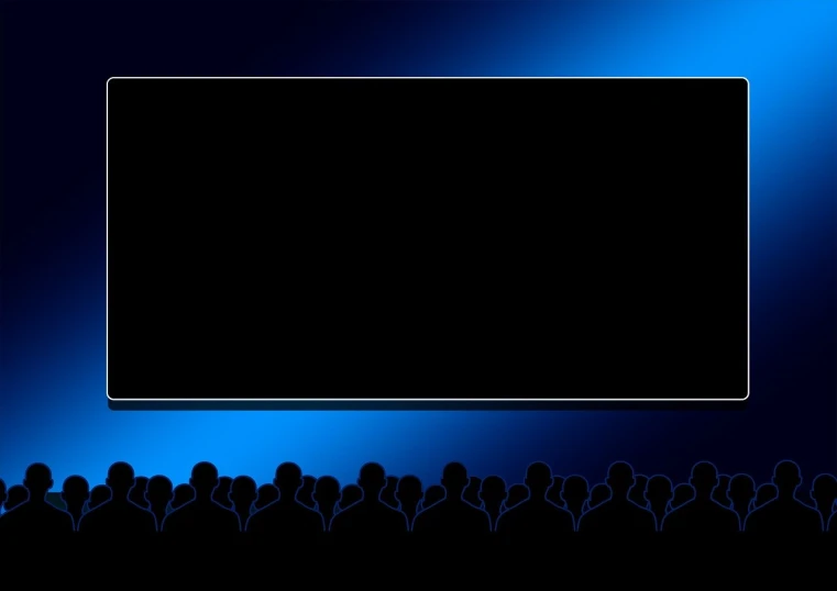 a group of people standing in front of a large screen, a picture, deviantart, blue and black color scheme)), card back template, solid black #000000 background, spectators