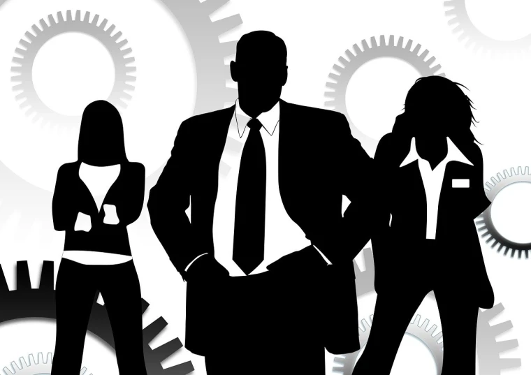 a group of business people standing next to each other, trending on pixabay, bauhaus, ((gears)), silhouette of a man, ferocious, white collar