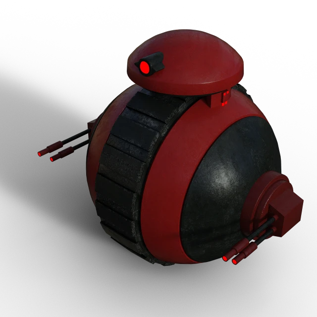 a red and black object on a black background, inspired by Peter Elson, polycount contest winner, digital art, rounded roof, military robot, dingy, rendered with substance designer