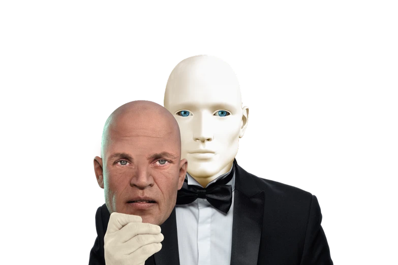 a man in a tuxedo and a mannequin, a portrait, inspired by Giorgio Cavallon, surrealism, muscular bald man, robot head and man head, generic male npc face, white mask