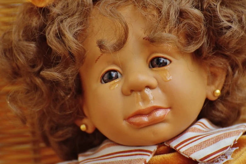 a close up of a doll wearing a tie, realism, brown curly hair, some are crying of joy, very very well detailed image, decoration