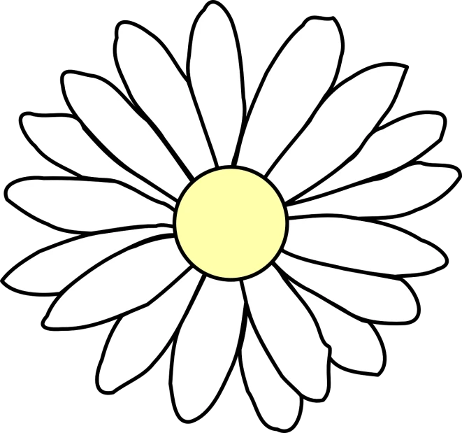 a white flower with a yellow center, a cartoon, pixabay, minimalism, black outlines, computer - generated, daisy, sunflower stained glass