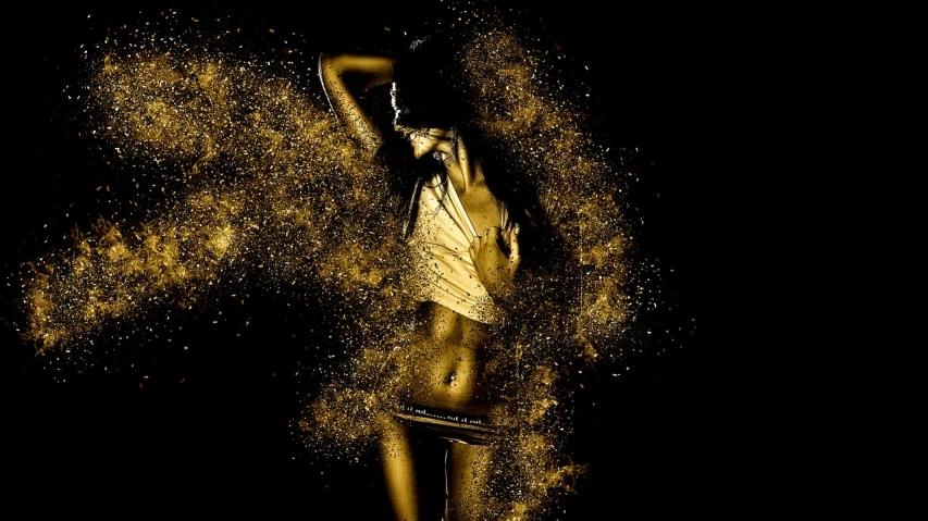 a woman that is standing in the sand, inspired by Hedi Xandt, art photography, large electrical gold sparks, high contrast studio lighting, pollock photorealistic, burst of powders