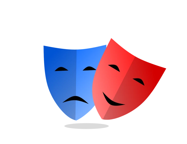 a couple of masks sitting next to each other, pixabay, antipodeans, red blue color scheme, broadway, flat icon, !dramatic !face