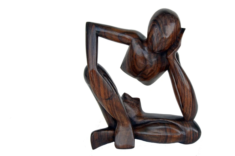 a wooden sculpture of a man kneeling on his knees, an abstract sculpture, flickr, figuration libre, ebony wood bow, sassy pose, couple, in a chill position