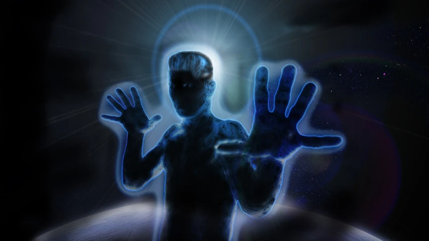 a man that is standing up with his hands in the air, a hologram, by Jon Coffelt, holography, istockphoto, sleep paralysis, ancient alien portal, shadowy informant