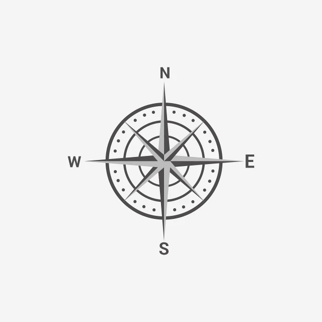 a black and white image of a compass, vector art, by Adam Marczyński, on a gray background, from east to west, kid, [ cinematic