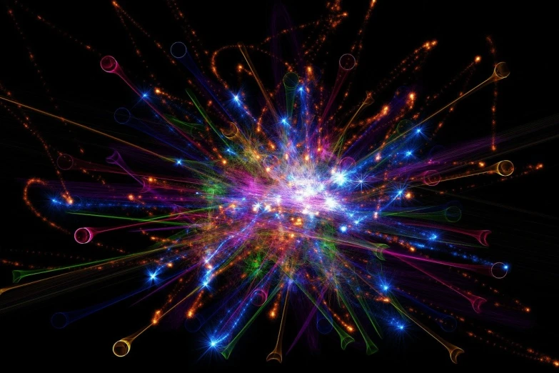 a bunch of colorful lights on a black background, by Daniel Chodowiecki, digital art, the god particle, highly detailed 3d fractal, bursting neon stars, coherent photo