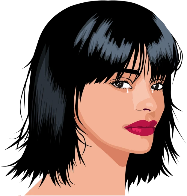 a woman with a sad look on her face, vector art, pop art, short black hair with bangs, with a black dark background, with long hair and piercing eyes, full color illustration