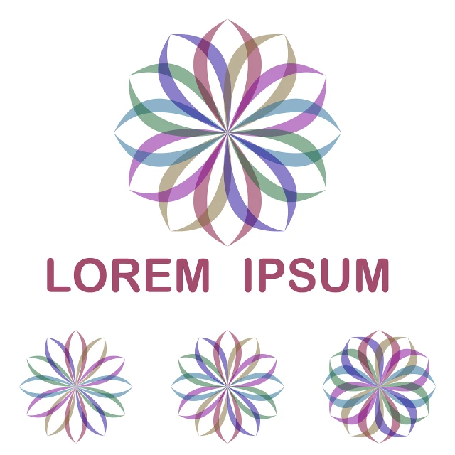 a set of four colorful flower logos on a white background, vector art, abstract illusionism, lorem ipsum dolor sit amet, vortex of plum petals, different sizes, screenshot