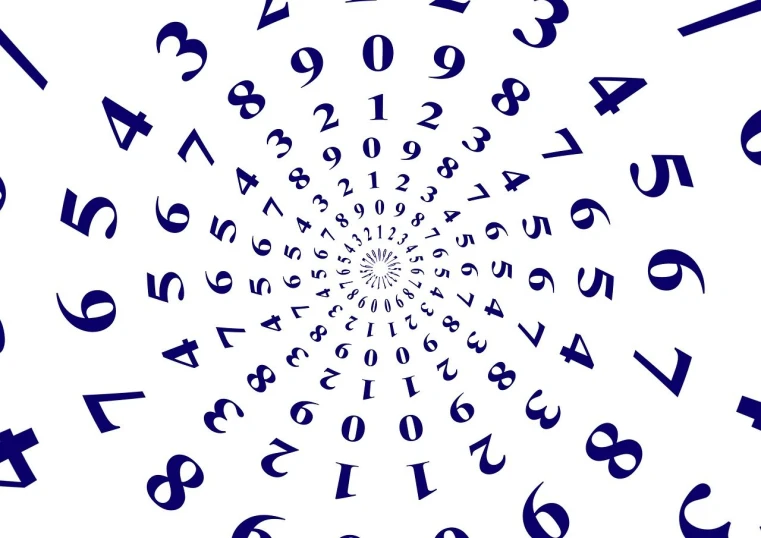 a spiral of numbers on a white background, by Robert Jacobsen, pixabay, optical illusion, indigo, islamic, repeating, dial