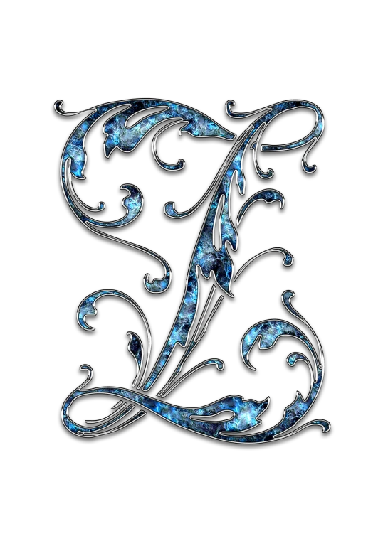 a close up of a fancy letter on a black background, a digital rendering, by Eugeniusz Zak, art nouveau, blue and silver colors, a beautiful artwork illustration, b, sickle