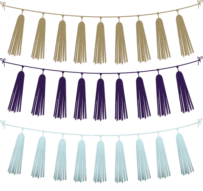 a bunch of tassels hanging from a string, a digital rendering, shutterstock, sōsaku hanga, gold and purple, 2 tone colors only, white + blue + gold + black, 8 4 mm