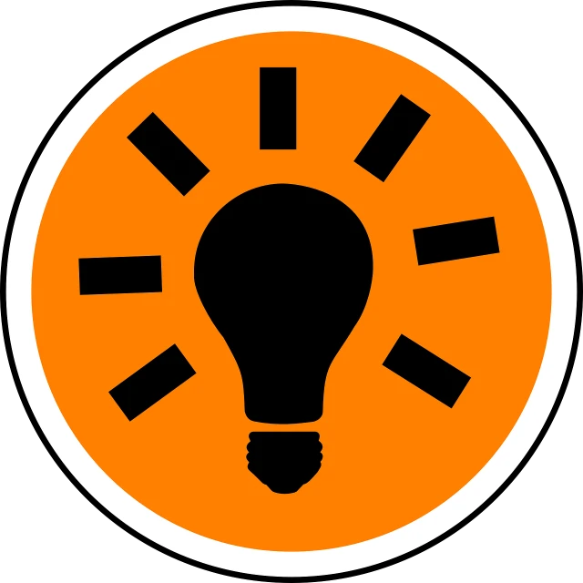 a light bulb in a circle on an orange background, reddit, on a black background, pictogram, intelligent design, orange safety labels
