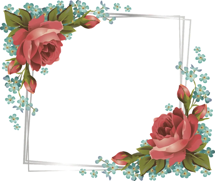 a square frame with flowers and leaves, a digital painting, inspired by Nagasawa Rosetsu, black background), rose background, corner, red and cyan