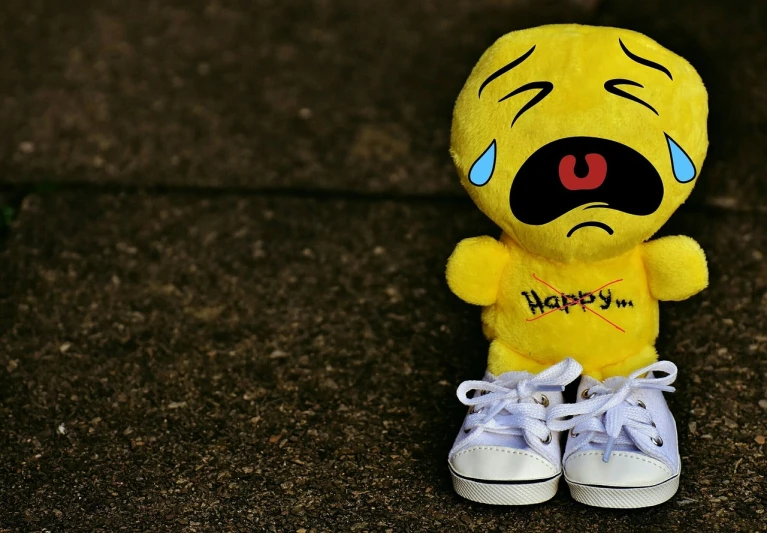 a yellow stuffed animal with a sad expression on it's face, a picture, sneaker photo, happy smiley, wallpapers, crying tears