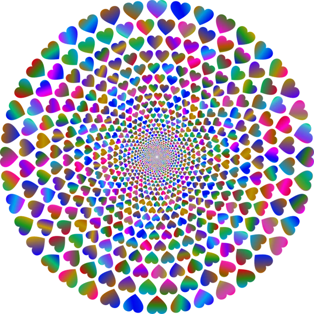 multicolored hearts arranged in a circle on a black background, a raytraced image, inspired by Benoit B. Mandelbrot, psychedelic art, pulled into the spiral vortex, transparent holographic being, high res, with gradients