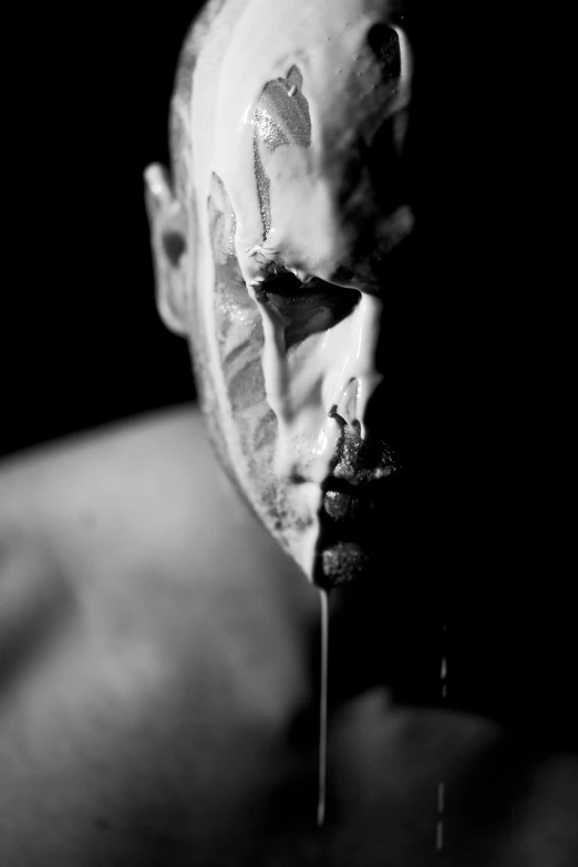 a black and white photo of a man with a knife in his mouth, a portrait, art photography, sweat drops, modern high sharpness photo