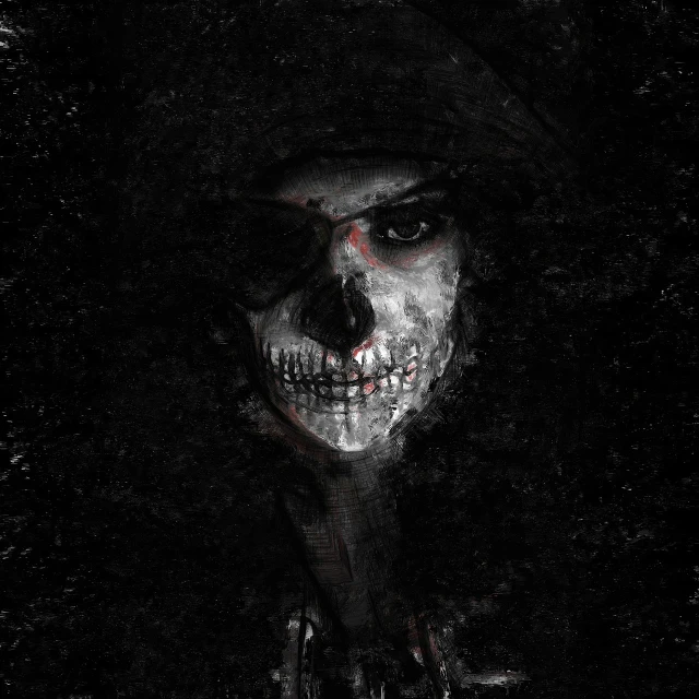 a close up of a person with a skull on their face, digital art, Artstation contest winner, digital art, portrait of grim reaper, album cover, dark scheme, painted in high resolution