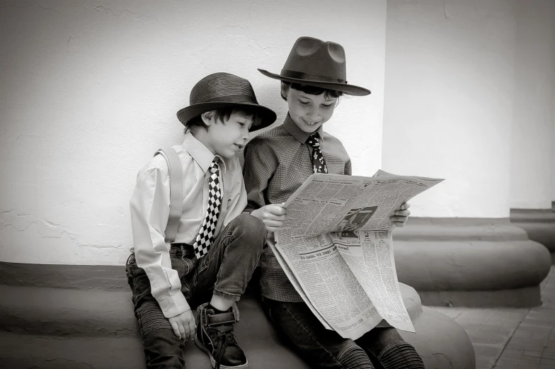 a black and white photo of two boys reading a newspaper, a photo, inspired by Alfred Eisenstaedt, pixabay contest winner, wearing a cowboy hat, elegant pose, old color photo, stock photo