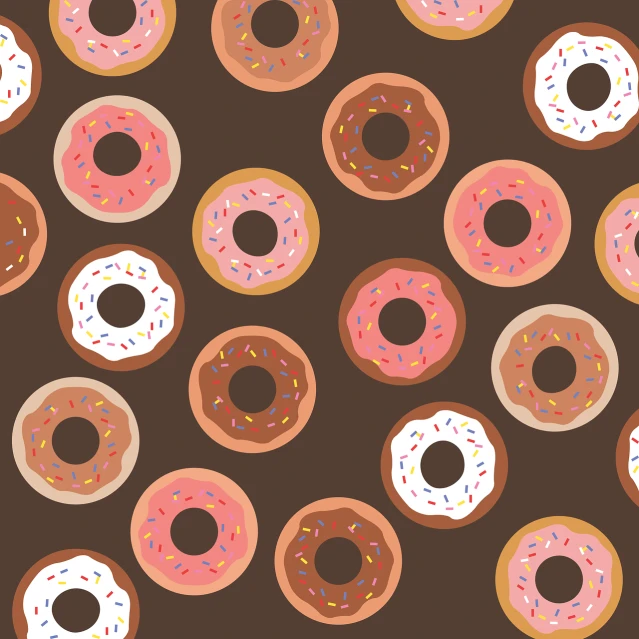 a pattern of donuts with sprinkles on a brown background, an illustration of, by Murakami, brown and pink color scheme, illustration, hamlets, skins