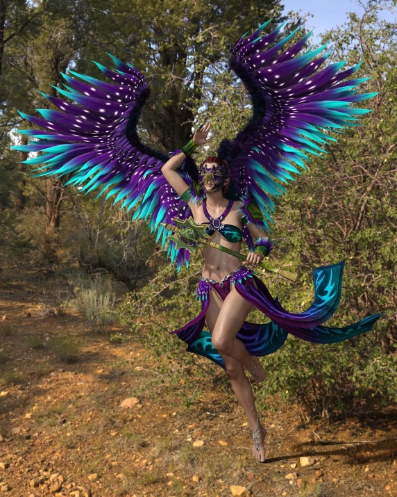 a woman in a purple and blue costume, a raytraced image, inspired by Warwick Goble, cg society contest winner, fantasy art, with real wings, enjoying a stroll in the forest, 3 d render of a shaman, standing triumphant and proud