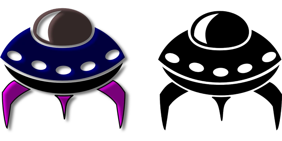 a drawing of two alien like objects on a black background, inspired by Elizabeth Murray, polycount, black and blue and purple scheme, laser wip, simple path traced, carapace