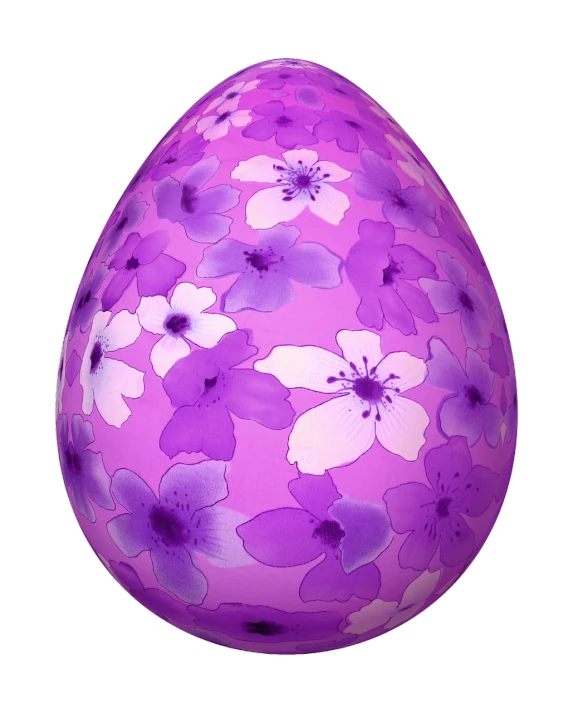 an easter egg decorated with purple and white flowers, digital art, with a black background, phone photo, shaded, tempera
