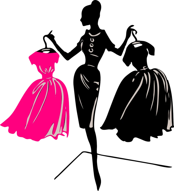 a man standing next to a woman in a pink dress, a digital rendering, romanticism, high contrast illustration, black backround. inkscape, touching her clothes, retro 5 0 s style