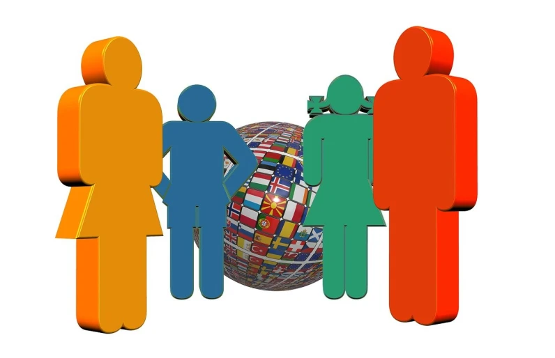 a group of people standing around a globe, a digital rendering, by Juan O'Gorman, pixabay, man and woman, language learning logo, multi colored, passport