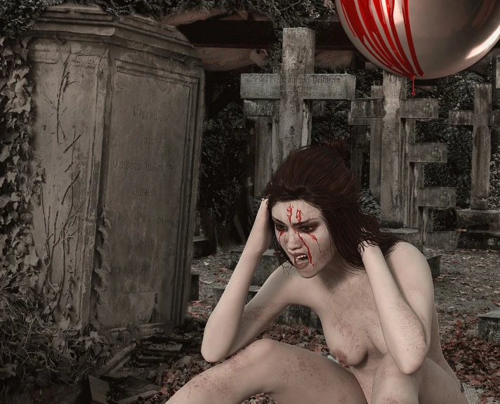 an image of a naked woman with blood on her face, digital art, by Edward Corbett, digital art, balloon, in ruins, concerned expression, pennywise style