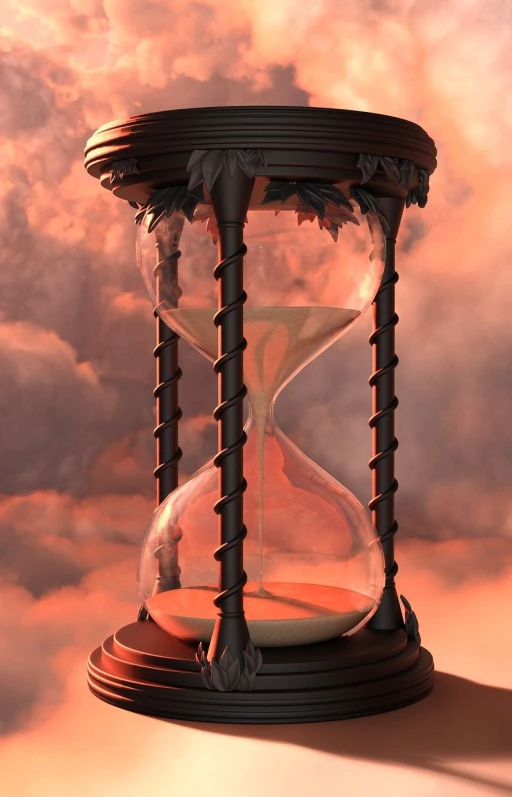 a close up of an hourglass with clouds in the background, a digital rendering, inspired by Vladimir Kush, zbrush central contest winner, waiting to strike, sunset time, watch photo