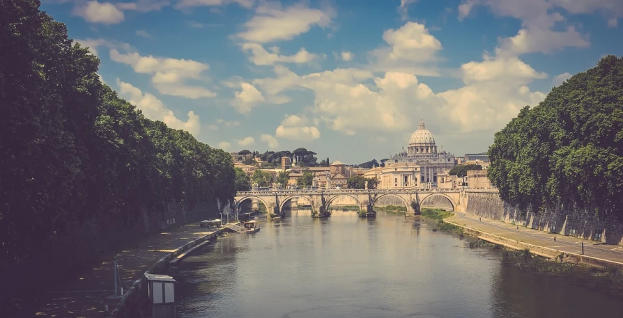 a river with a bridge and a building in the background, a picture, by Cagnaccio di San Pietro, shutterstock, retro effect, vatican in background, highly detailed!, blonde