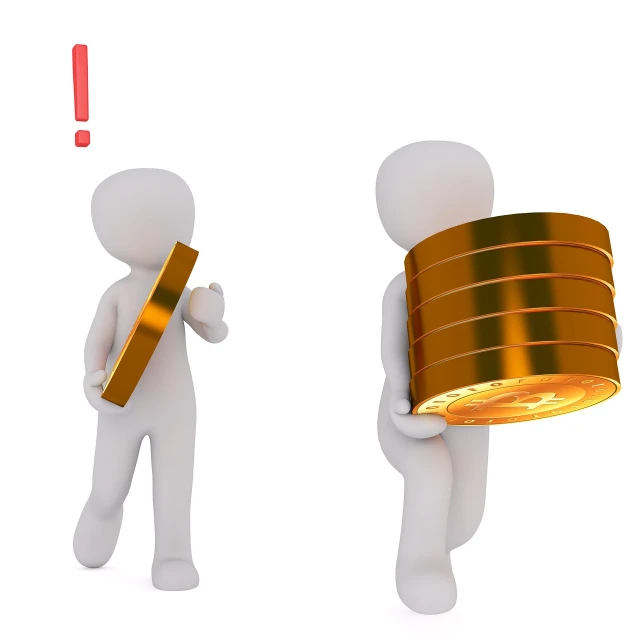 a couple of people that are standing next to each other, a digital rendering, by Aleksander Gierymski, trending on pixabay, holding a gold bag, stacks, subject action: holding sign, coin