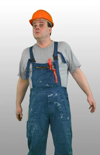 a man wearing an orange helmet and blue overalls, a digital rendering, inspired by Jan Konůpek, arbeitsrat für kunst, wearing blue jean overalls, photo 2 0 1 0, very thick and wer oil paint, holster