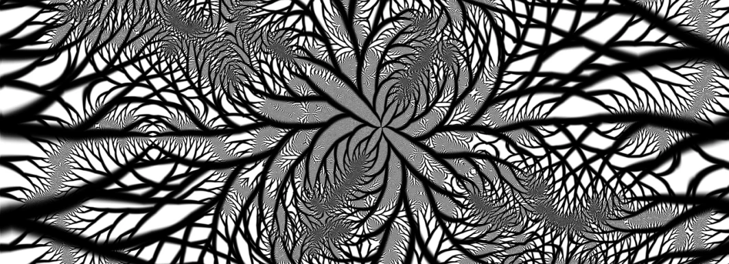 a black and white image of a tree, inspired by MC Escher, generative art, fractal flame. highly_detailded, whorl, psychedelic background, intertwined a dissolving