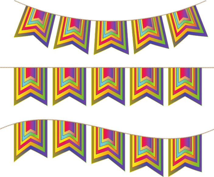 a set of multicolored bunting flags on a string, a digital rendering, inspired by Bernd Fasching, op art, blacklight neon colors, clematis theme banner, made with illustrator, neon madhubani