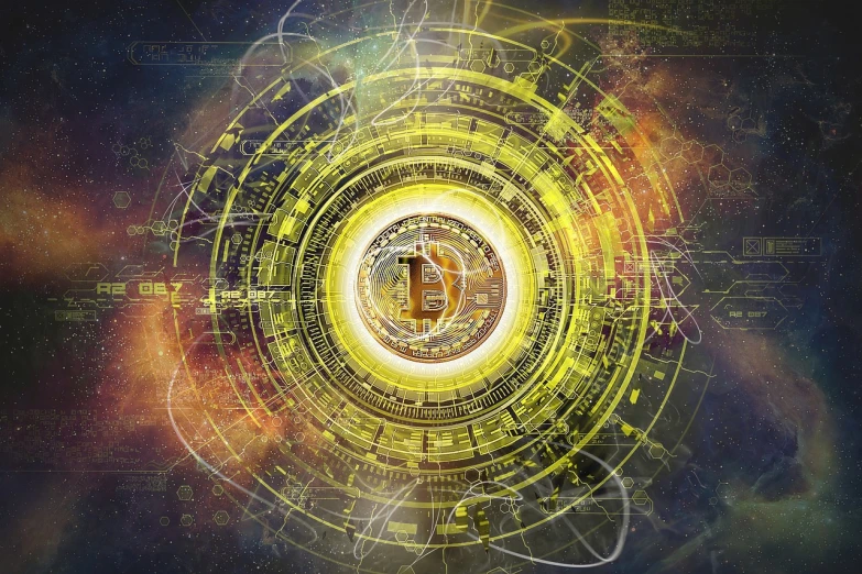 a digital image of a bitcoin in a circle, digital art, colorful sci-fi steampunk, the concept of infinity, packshot, numerology