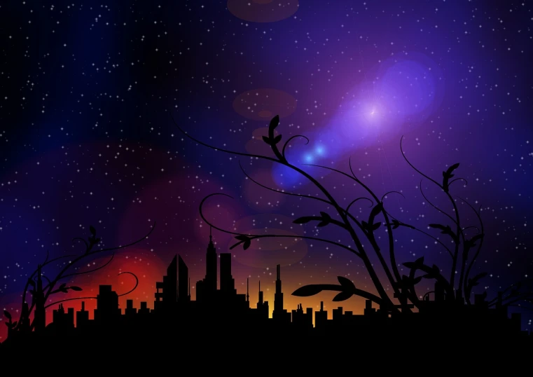 a city silhouetted against a night sky filled with stars, vector art, digital art, night sky full of flowers, the sky is a nebula on fire, very beautiful photo, desolate. digital illustration