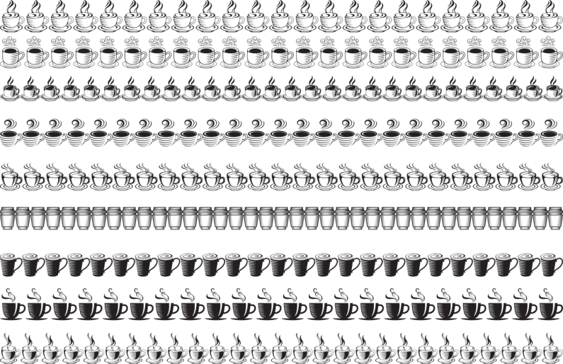 a number of musical instruments on a black background, a digital rendering, tumblr, ascii art, coffee cups, repeating fabric pattern, in a row, tones of black in background